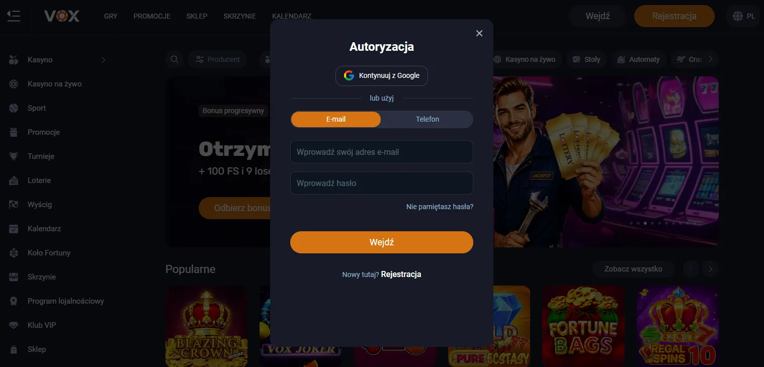 Rejestracja i logowanie w Vox Casino
